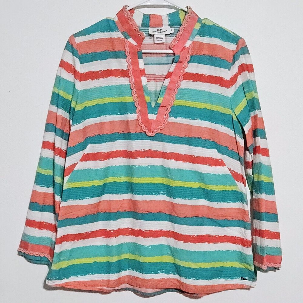 Vineyard Vines Women's Top Sz Small Silk Cotton Blouse Colorful Striped Beach‎